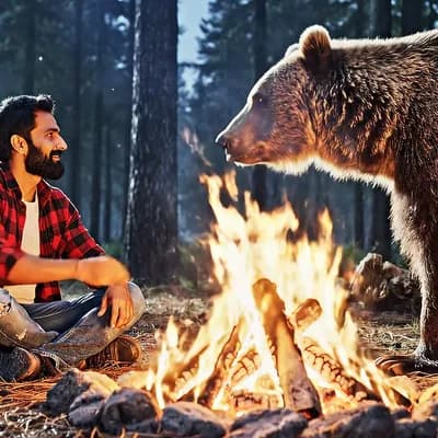 AI generated video: In the style of Bollywood A bearded man in a flannel shirt and weathered jeans sits cross-legged bes...