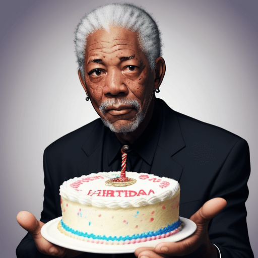 AI generated: Morgan Freeman wishing you a birthday, holding a birthday cake
