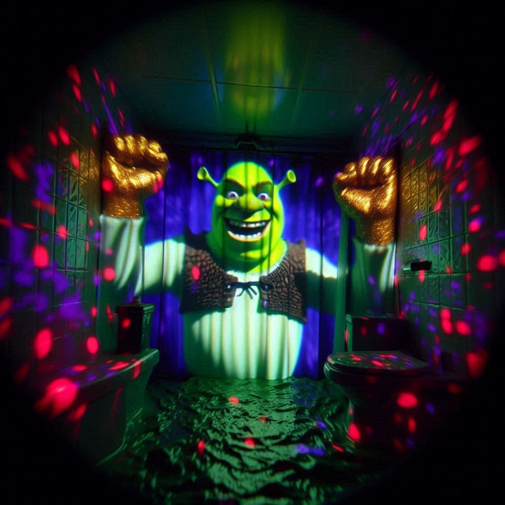 AI generated: vista despaldas, Shrek proyectado haciendo cosas extrañas y sin sentido dentro de un baño casero, de...