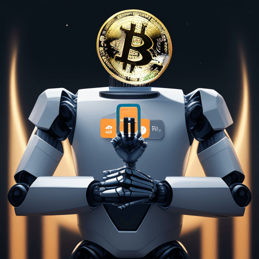 AI generated: make an image, background is icon of bitcoin, has a handsome forex robot is standing, using his fing...