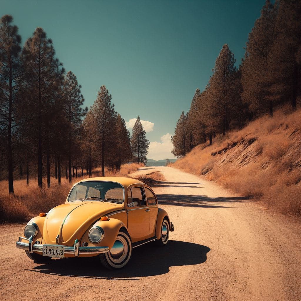 AI generated: Um fusca 1974 amarelo recém lavado e encerado com pneus faixa branca, parado em uma estrada empoeira...