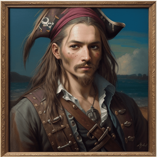AI generated: Portrait of a 17th Century Pirate ::5 Beautiful painting with artistic symbolism ::4 brushstrokes, e...