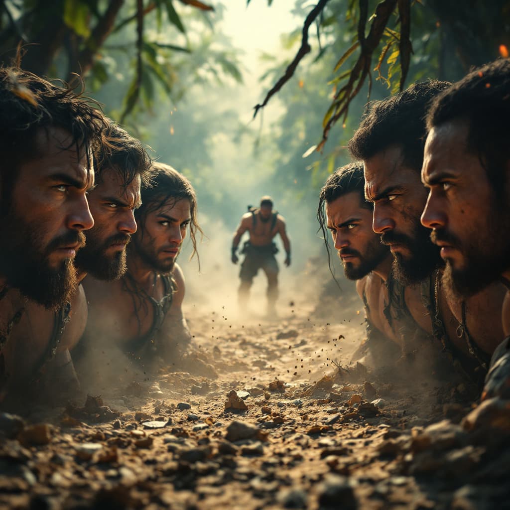AI generated: In a rugged, action-packed scene, five powerful characters face off in a remote jungle setting. The ...