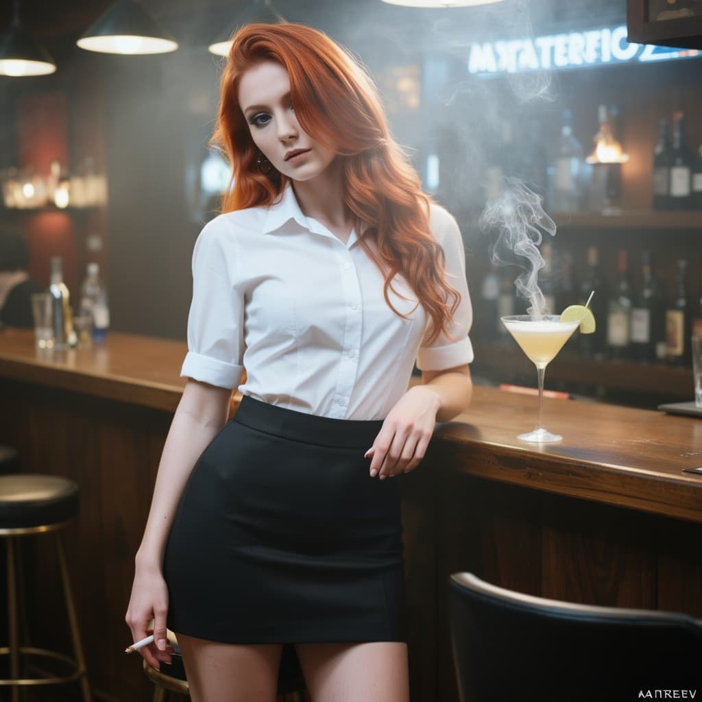 AI generated: woman is smoking, stands up and leans down towards the camera, her blouse opening up and  showing he...