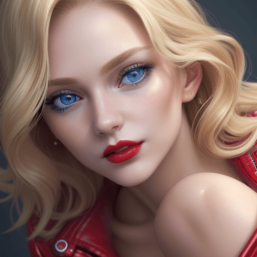 AI generated: a close up portrait of a woman with high detailed face, with blonde wavy hair and blue eyes and red ...