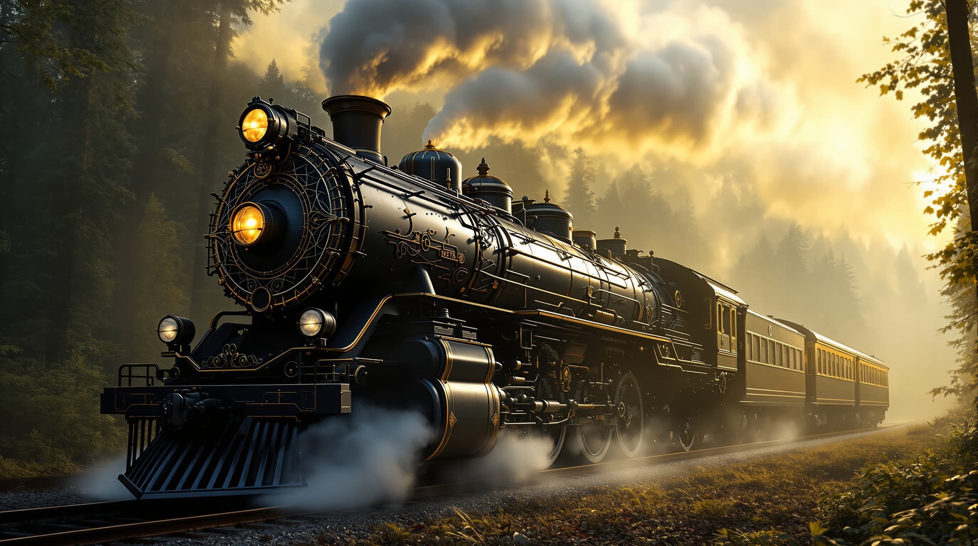 AI generated: "A majestic steam locomotive adorned with intricate Art Deco-style ironwork speeds through a dense, ...