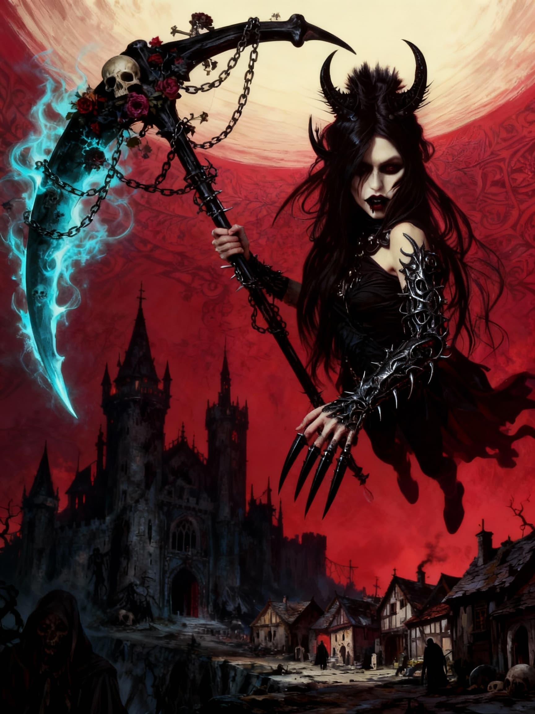 AI generated: Grim reaper banshee,plague medival village and castle,bone reaper's styche decorated with chains and...
