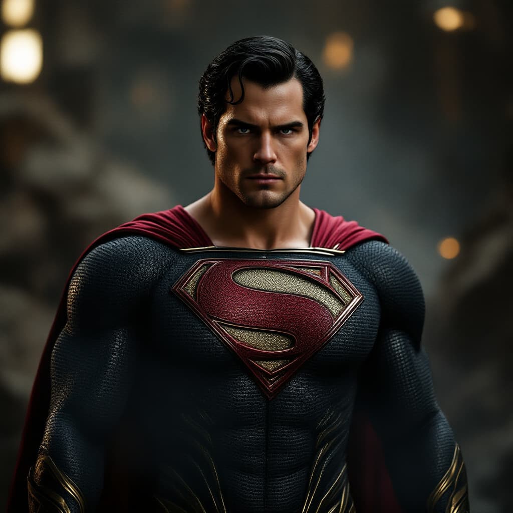 AI generated: Henry Cavil as a muscular superman , in a black, dark red and gold kryptonian skin suit without a s ...