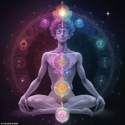AI generated: a human being who shines and throughout his vertebral Cologne we see the brilliance of these chakras...
