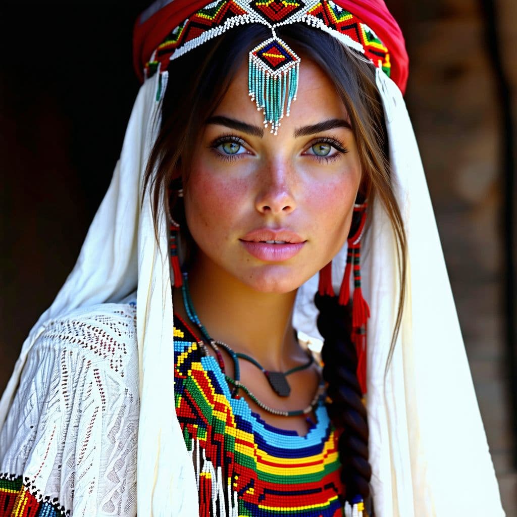 AI generated: Beautiful looking gypsy greek girl, the whole face, shoulders and chest are pierced with openwork th...