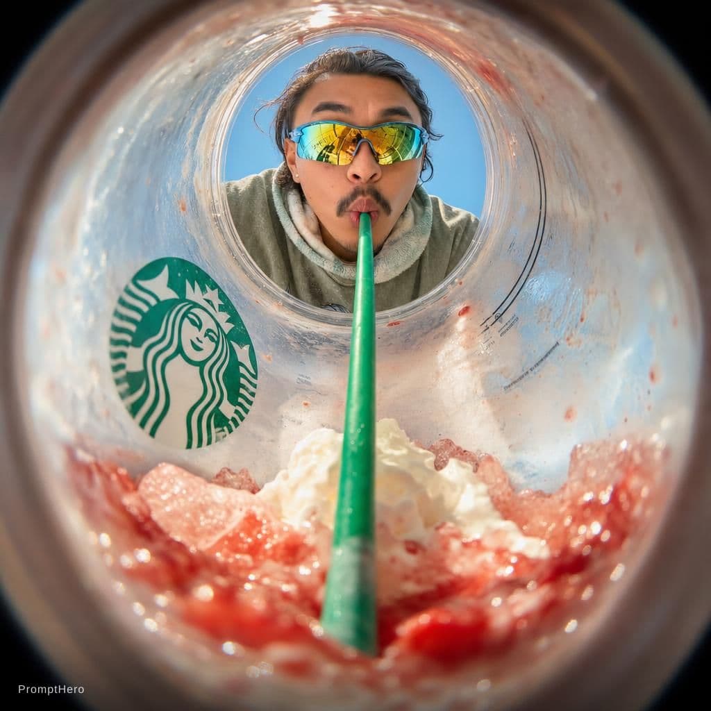AI generated: {
  "prompt": "View from inside a Starbucks strawberry frappuccino cup looking up, fisheye lens extr...