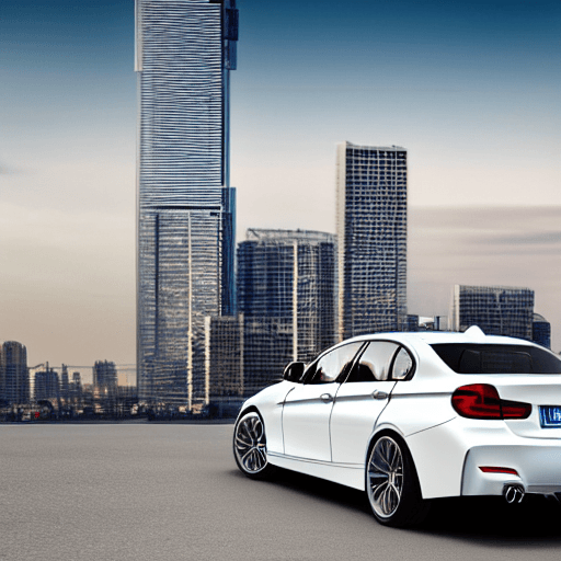 AI generated: high resolution picture maltese dog drive with BMW F30 with perl white color, background is big city...