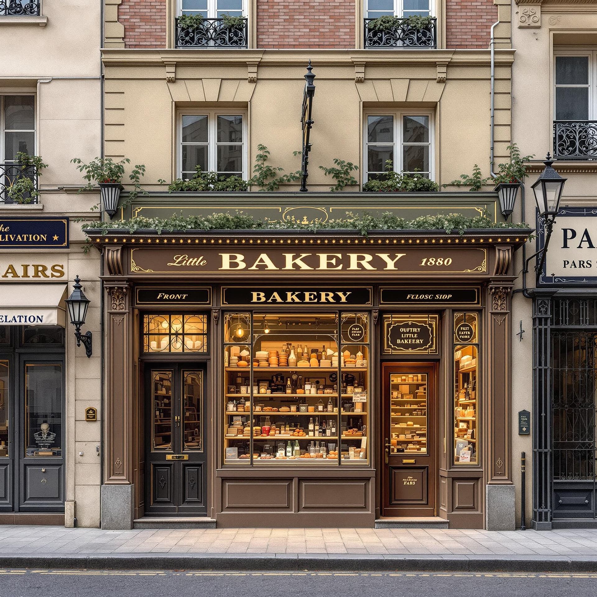 AI generated: Paris 1880, hyperrealistic illustration, a facade of a little bakery shop, front view, elevation, in...