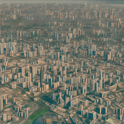AI generated: image of a city seen from above populated by yoshis