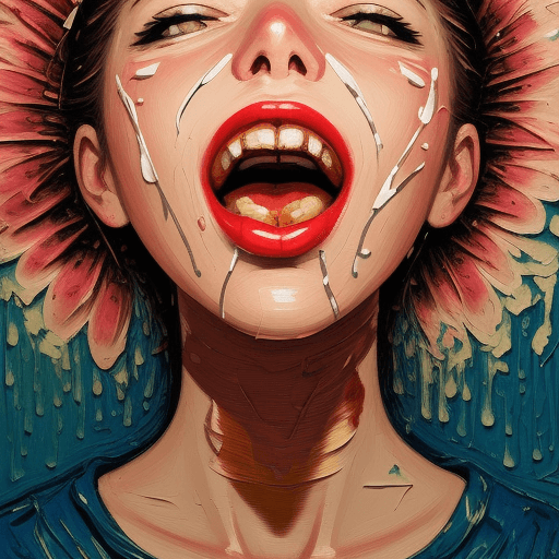 AI generated: woman's face, mouth opened wide, flowers coming out of mouth, pallet knife painted, thick textured