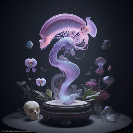 AI generated: Hippocrates, portrait ribcagel. jellyfish phoenix head, nautilus, orchid, skull, betta fish, biolumi...
