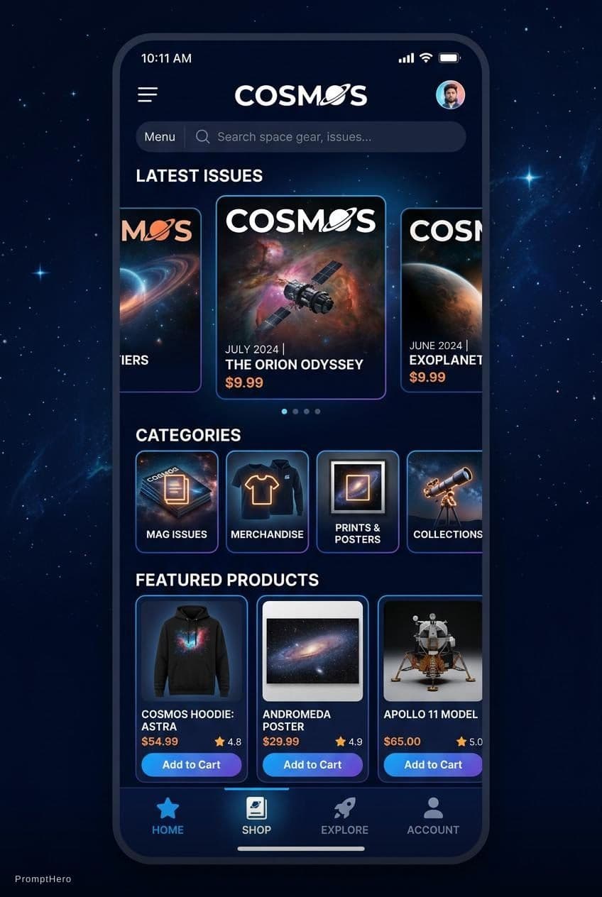 AI generated: space magazine online shop app design, UI --ar 2:3 --q 2 --v 5