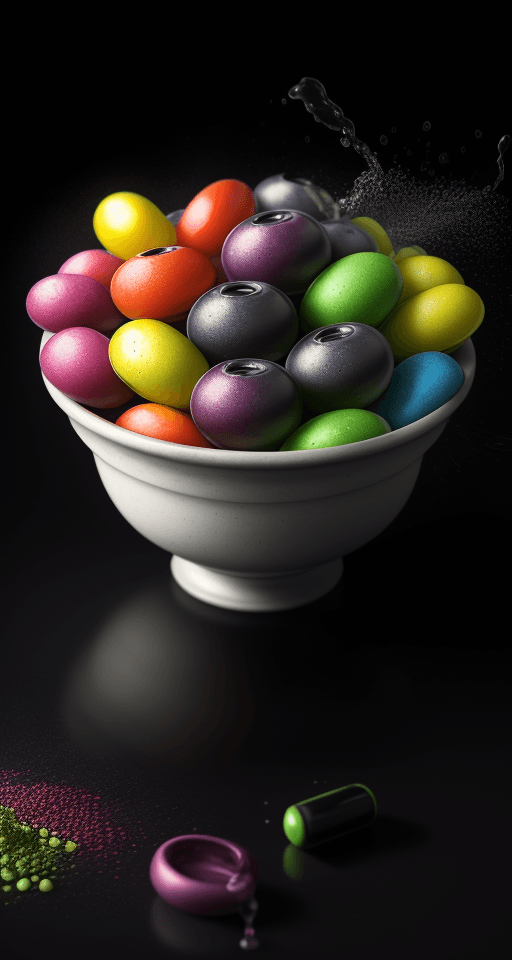 AI generated: a bowl full of freshly cut fruit, with a colorful dietary supplement pills next to it, with extreme ...