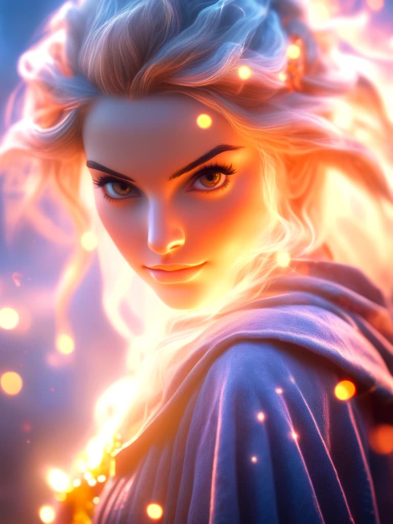AI generated: Beautiful young female wizard, casting spells, centered, embers, bokeh, lens flare, light bloom, cin...