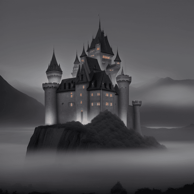 AI generated: this is a cover for kina, it shows a healthy castle, fog, dark colors, gray and black. The castle ha...