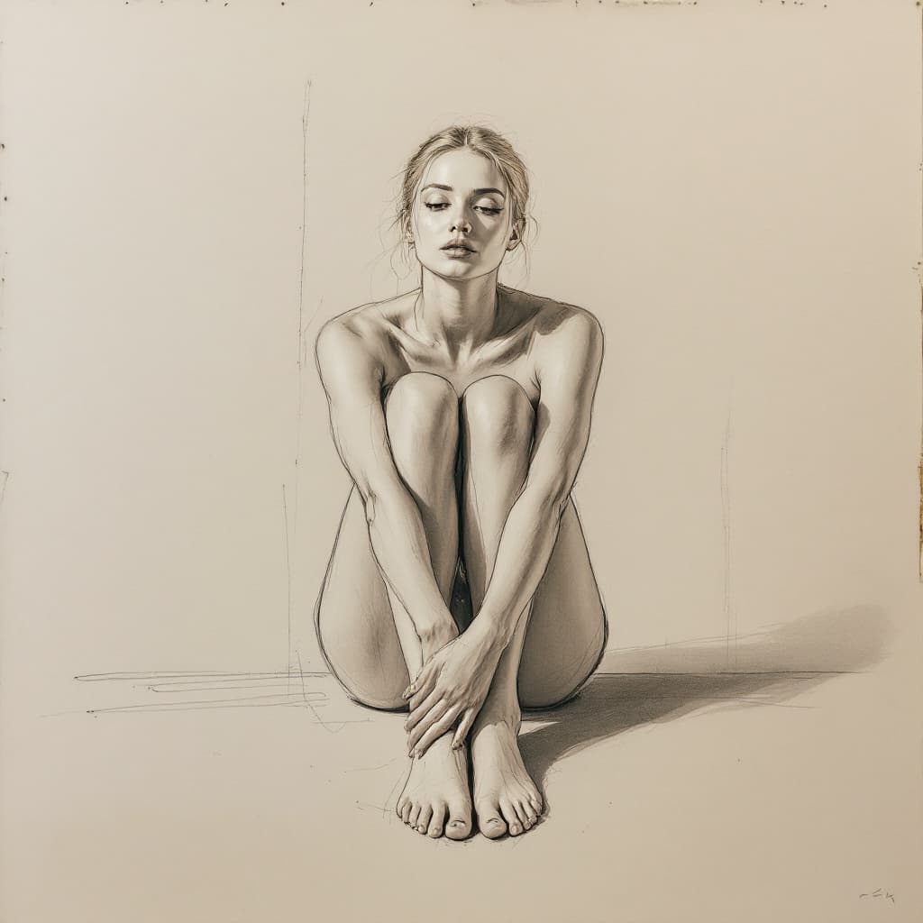 AI generated: A woman sits with her knees apart in front of the viewer, sketch, pencil drawing, smudges