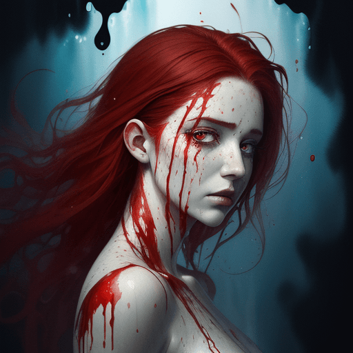 AI generated: A half body portrait of a woman made of blood, half body is submerged in blood, red hair depicting a...