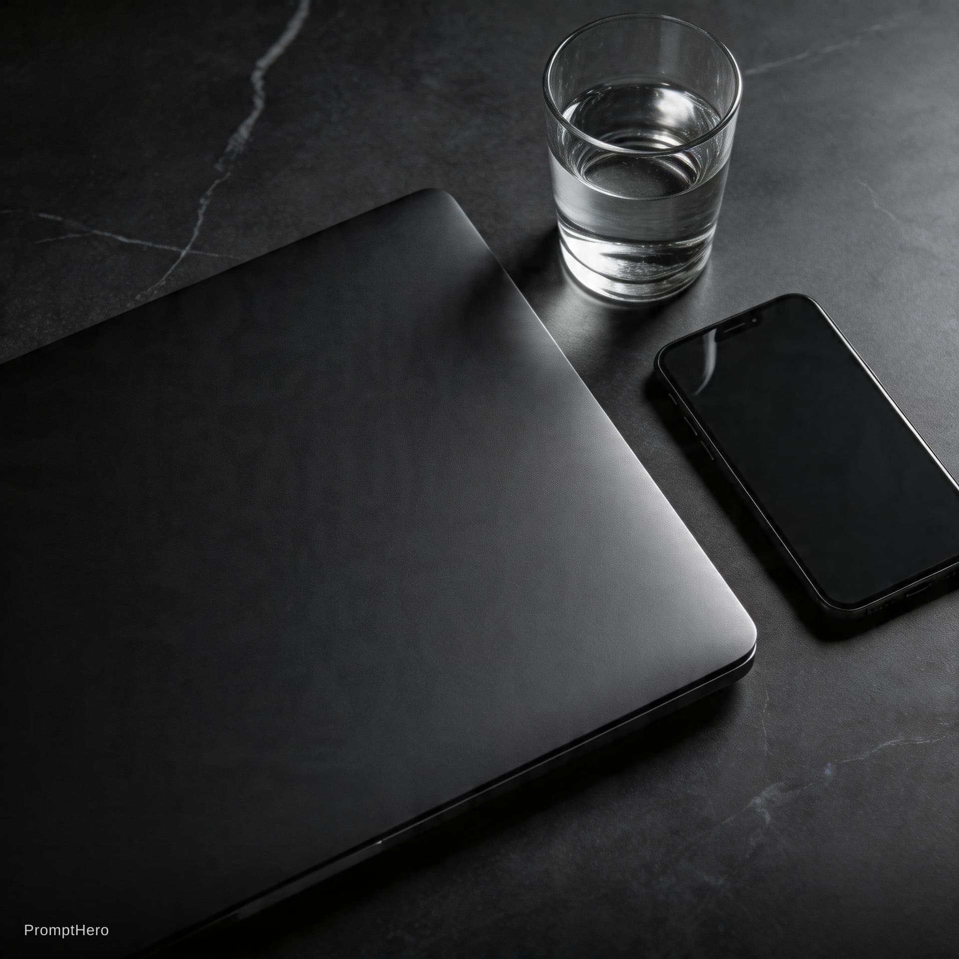 AI generated: Extreme close-up, top-down view of a matte black luxury laptop on a dark charcoal marble desk. Besid...