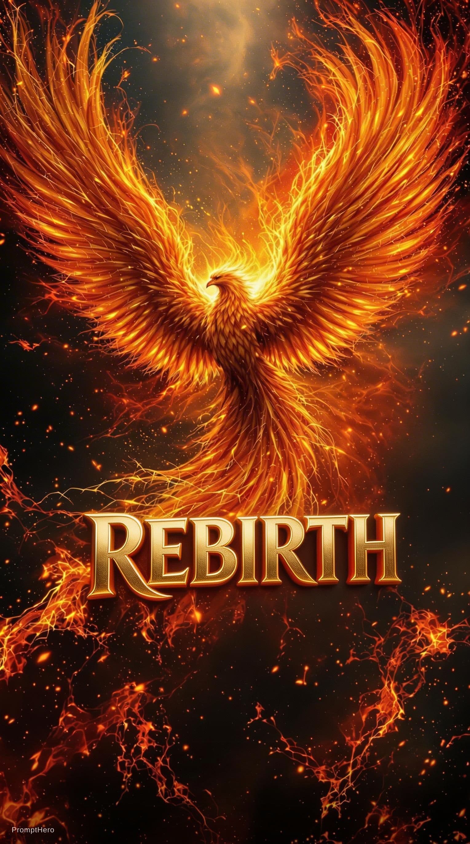 AI generated: A majestic phoenix rising from its ashes,its vibrant feathers glowing in shades of fiery red,orange,...