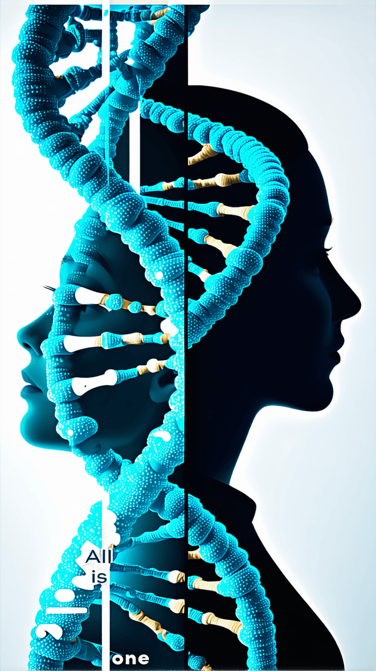 AI generated: Isometric view,macroview of DNA IN shape of a woman and man half,typography “All is One” written in ...
