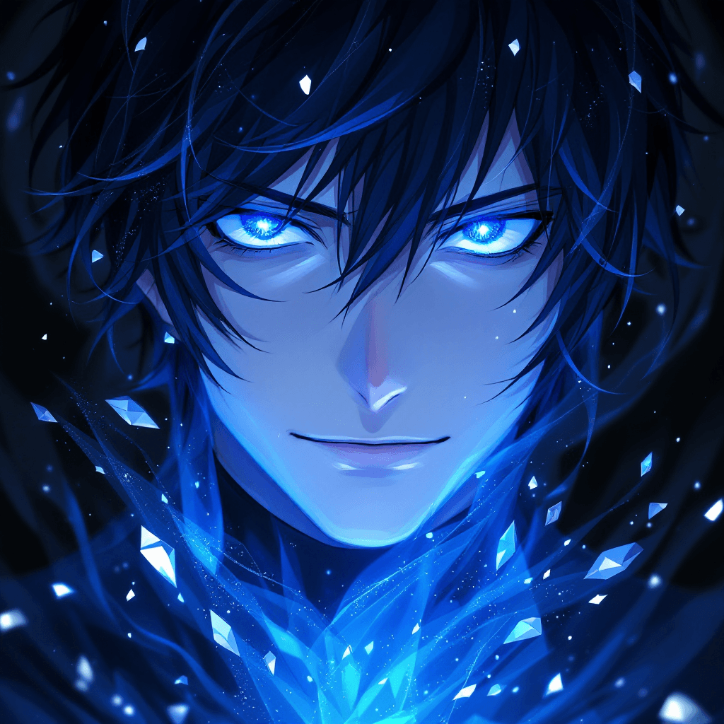 AI generated:  The anime-style portrait features piercing blue eyes that seem to shine like sapphires in the dark....