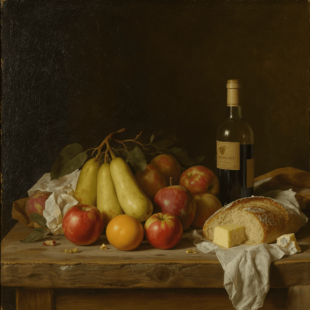 AI generated: A still live some large fruit and bread an empty wine bottle and some cheese on a very old kitchen t...