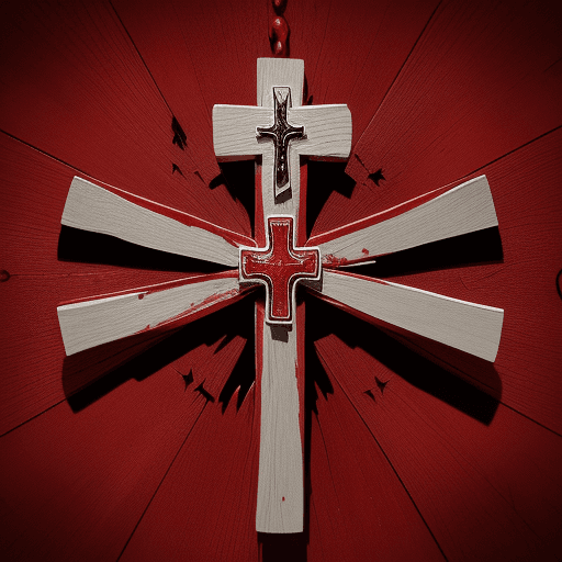 AI generated: A wooden cross with a red mantle and several drops of blood