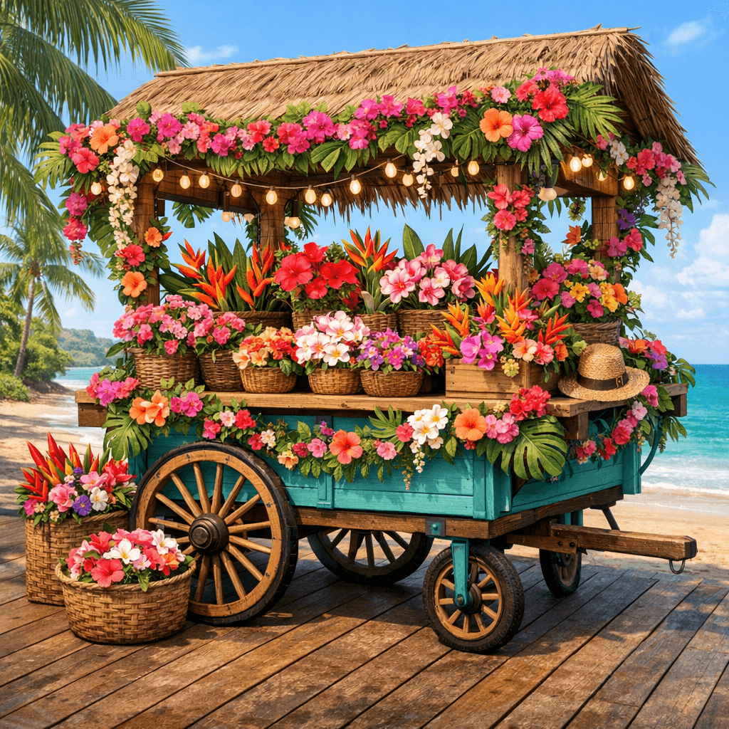 AI generated: 3d，tropical flower cart, adorned in flowers