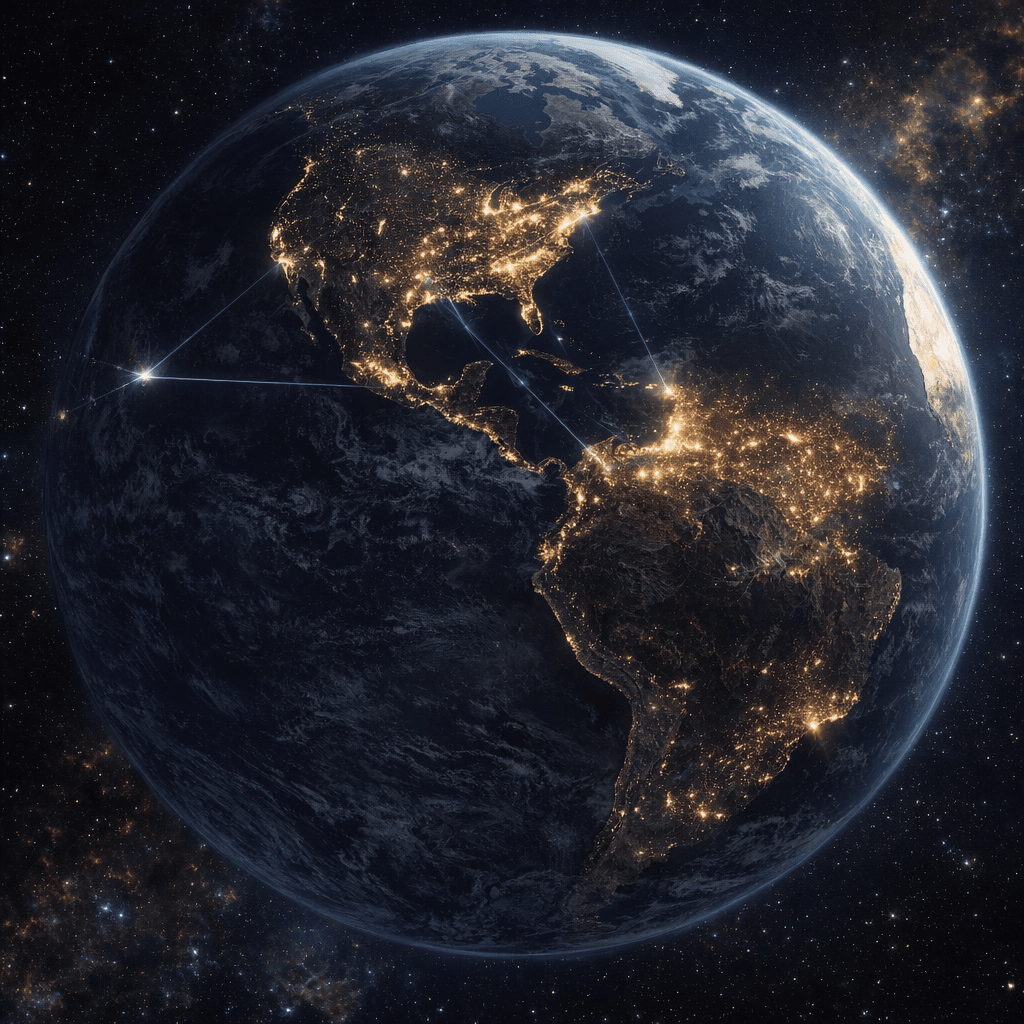 AI generated: Look at the reference images and create an orbital view of Earth from space, Western Hemisphere cent...