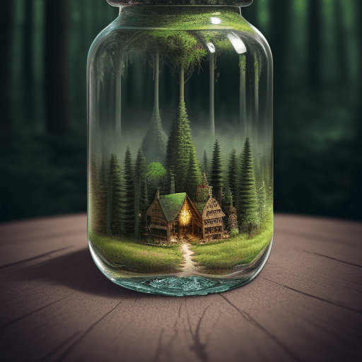 AI generated: (An intricate,forest minitown landscape trapped in a bottle) on the table,4K UHD,dark vides,hyper de...