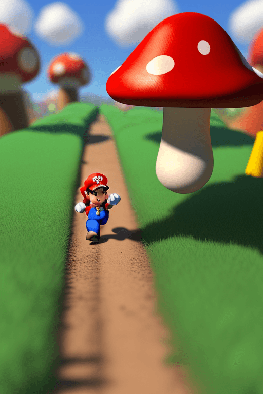 AI generated: Super-Mario running, Mushroom Kingdom background, 32k, closeup, trending on poltcount 3D, game --v 5...