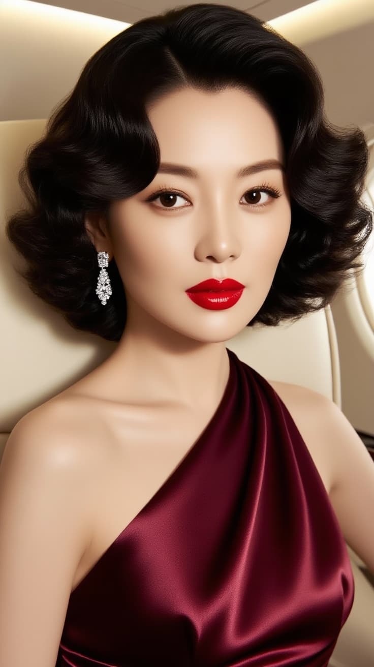 AI generated: 核心主体：34 岁的超奢华中国黑发尤物，一头飘逸的好莱坞短卷发，鲜艳的亮红色光泽双唇，钻石耳钉，完美的阳光亲吻般的肌肤，沙漏型身材，159厘米高
核心风格：高 glamour 私人飞机社论风，电影感...