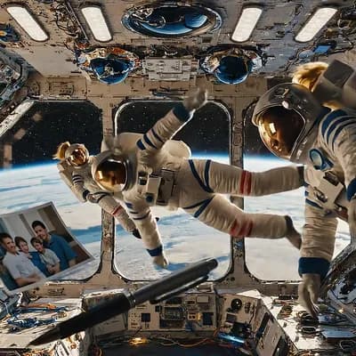 AI generated video: Inside a sunlit space station, three astronauts float effortlessly in zero gravity. They perform gra...