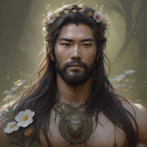 AI generated: portrait of the Asian god of the meadow, 30 years old, meadow, flower crown, rugged, male, gorgeous,...