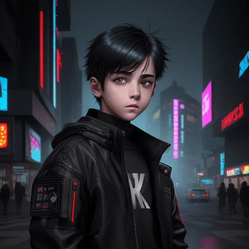 AI generated: A young boy with a cute face, and sleepy beautiful eyes, wearing a black jacket, bright-colored blac...