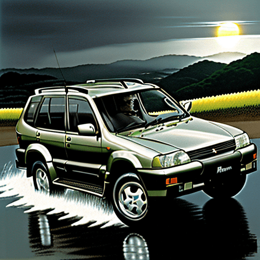 AI generated: carro tt, mitsubushi, pajero glx 2800, 1998, panorama serras, nascer do sol pálido, dia de chuva, de...