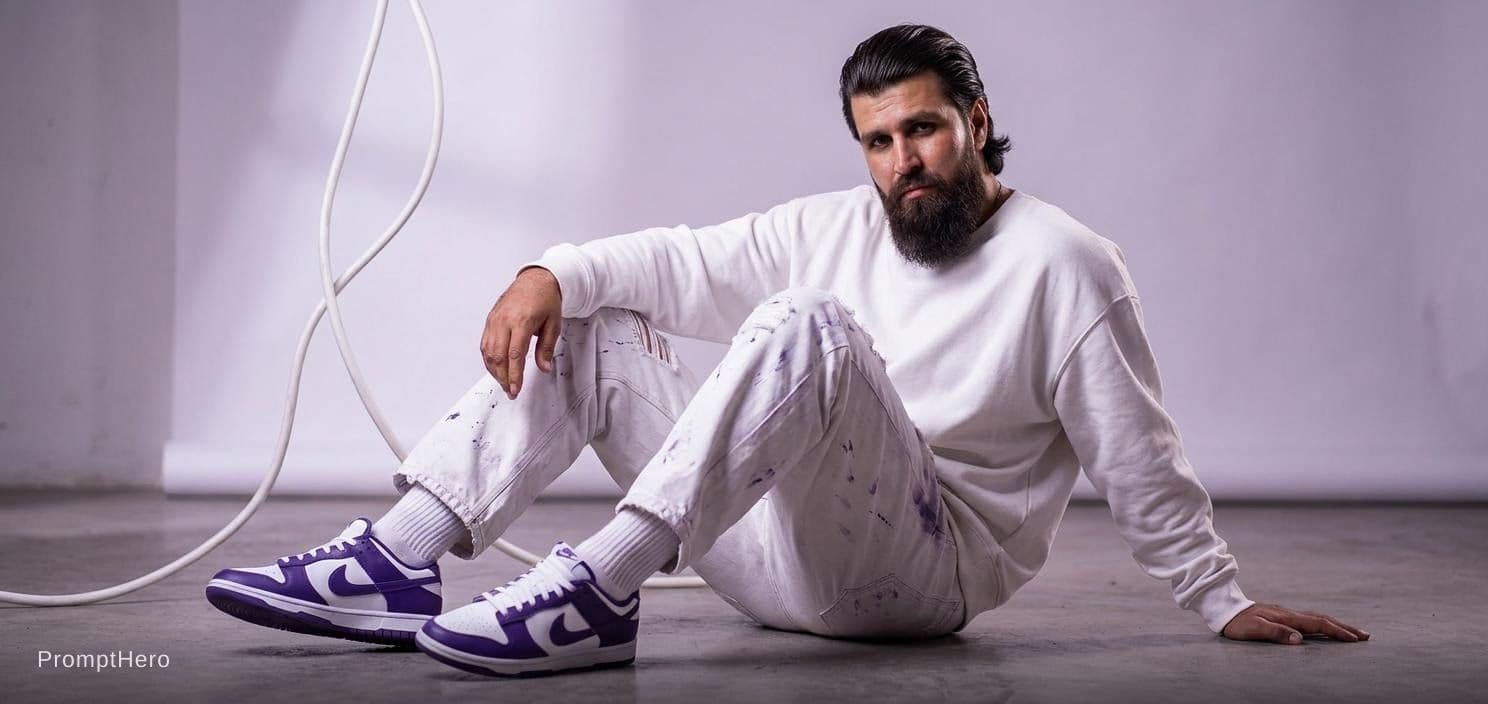 AI generated: Oversized white sweatshirt, white purple oversized combat jean, styled with footwear: white purple n...