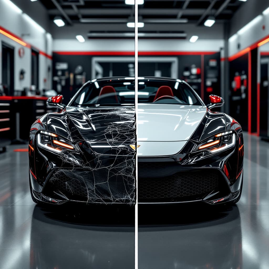 AI generated: A luxury car, front-facing, with a split down the middle showing a clear before-and-after repair eff...