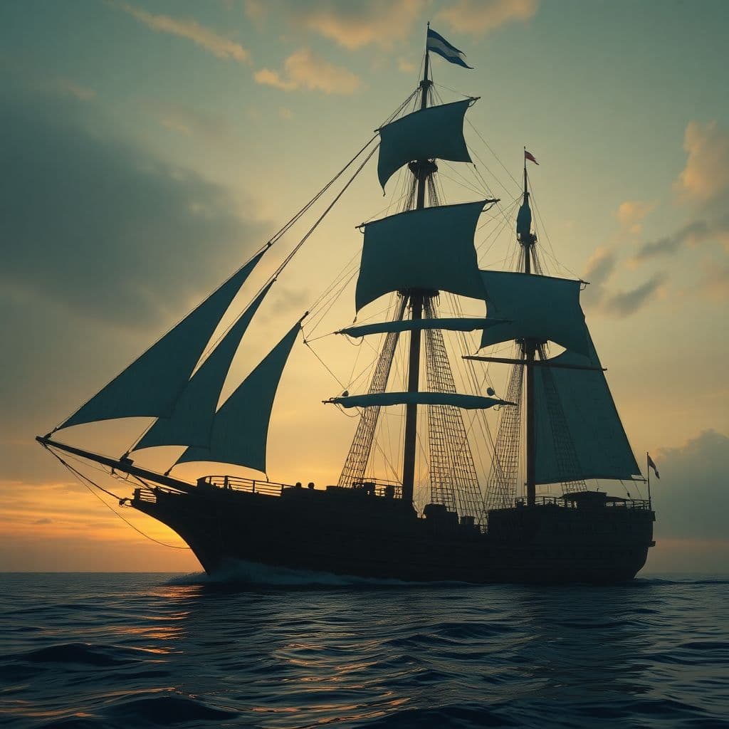 AI generated: Photo of a ultra realistic sailing ship, dramatic light, pale sunrise, cinematic lighting, battered,...