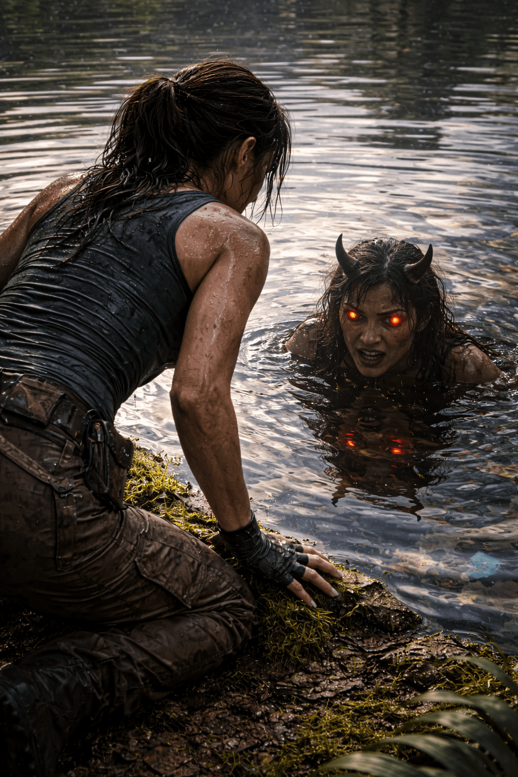 AI generated: A medium shot from behind of Lara Croft (modern survival iteration), still wearing her wet teal tank...