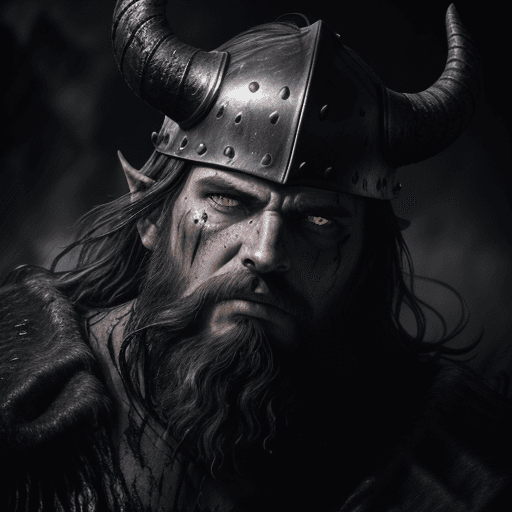 AI generated: a viking close up of viking king emerging from wet black mud - dark metal helmet with two large blac...