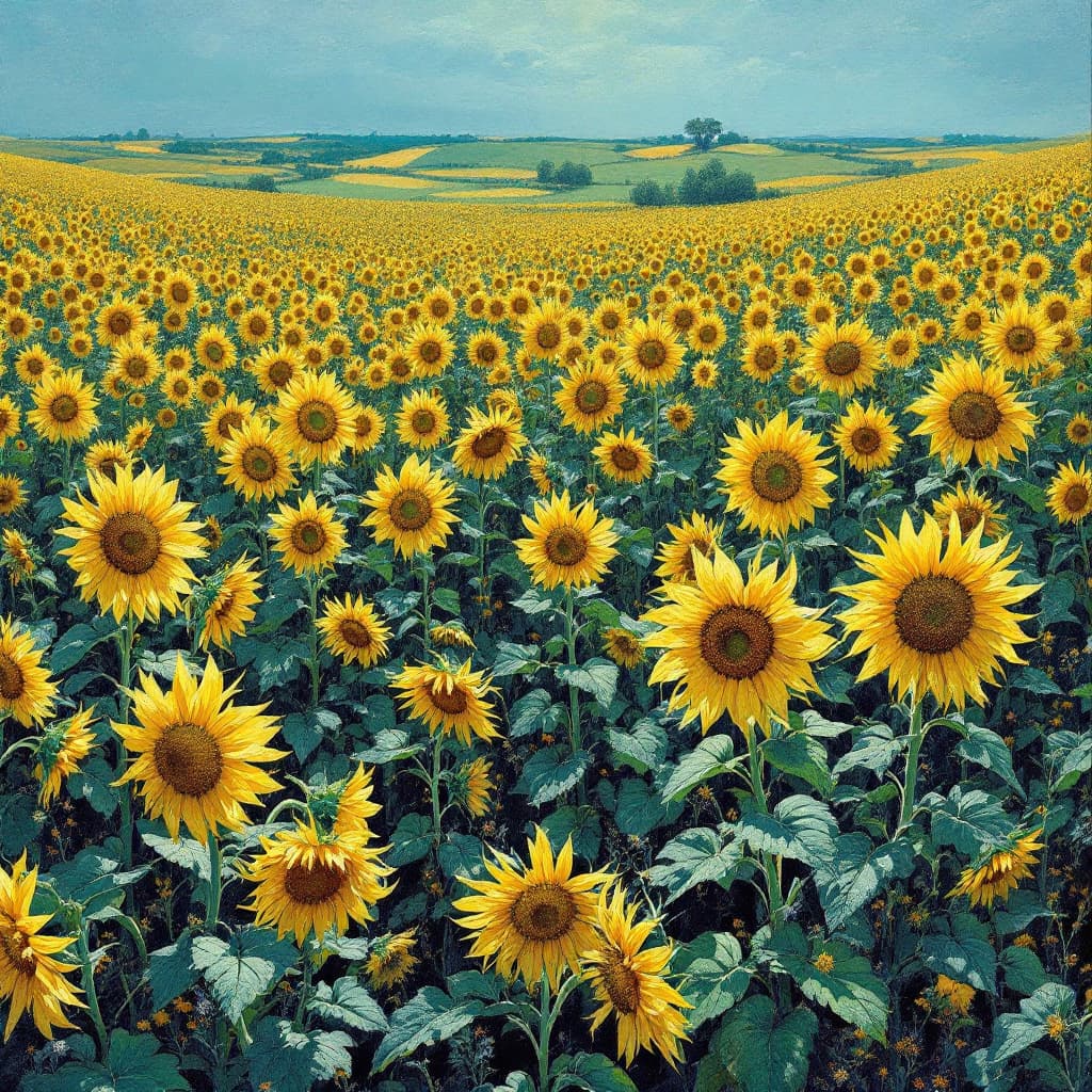 AI generated: A field of sunflowers, hyperdetailed meticulous matte background detailed painting fantasy illustrat...