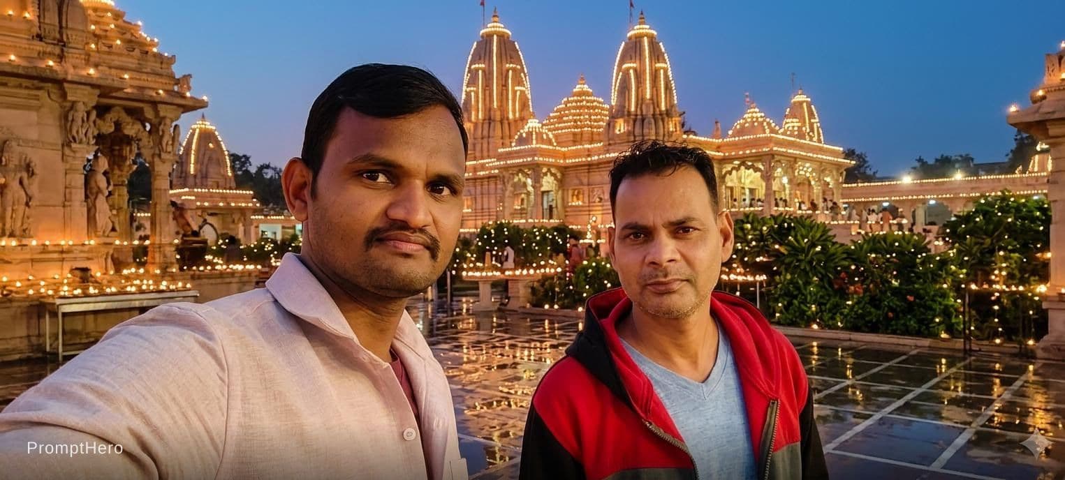 AI generated: Original face and glow background brindavan temple 