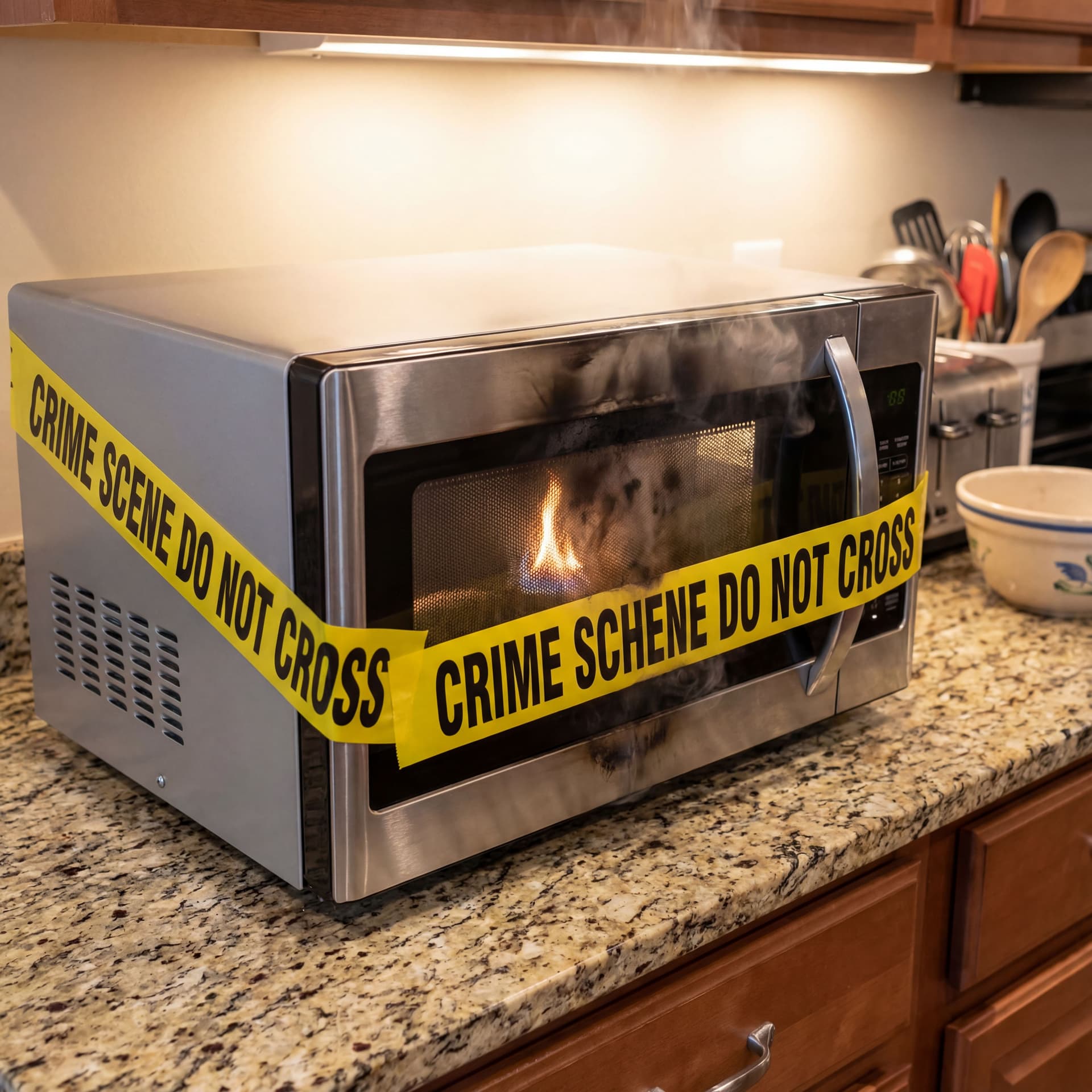 AI generated: A nice looking microwave burning placed on a a countertop in the kitchen. Covered yellow tape like m...