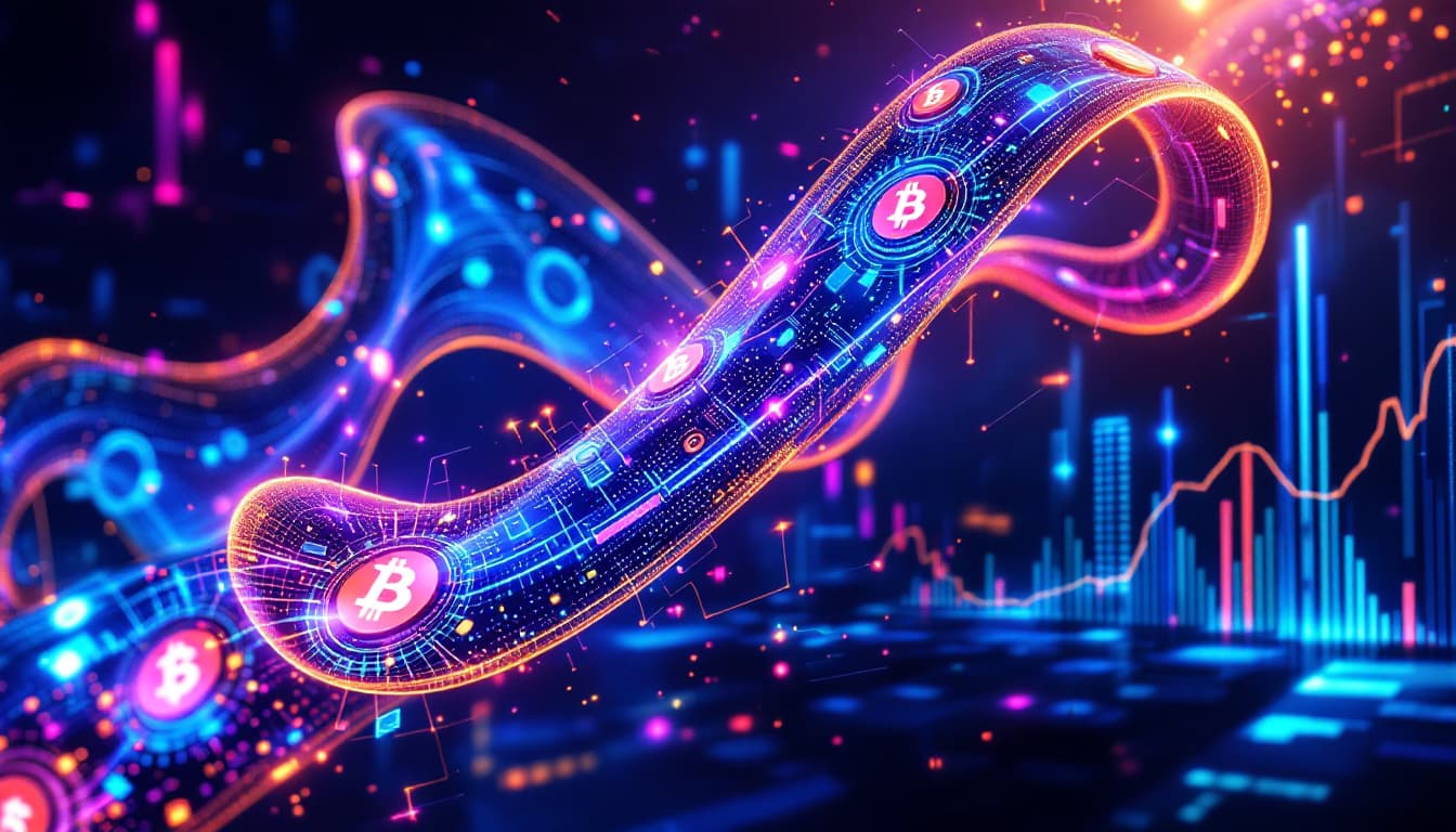 AI generated: A futuristic, fluid, and dynamic representation of a high-tech financial market driven by blockchain...